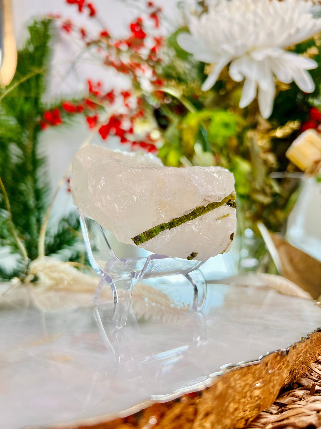 Grade AAA Natural Green Tourmaline  Specimen on Quartz Crystal Healing