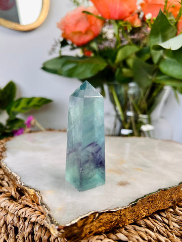 Grade AAA Phantom Rainbow Fluorite Tower, Green Purple Fluorite, 85g, Healing Crystal Home Decor