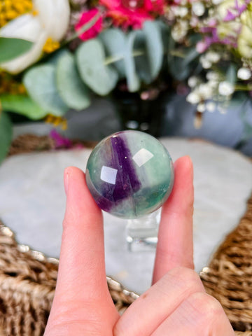 Grade AAA Rainbow Fluorite Sphere with Stand, Green and Purple Fluorite, Crystal Healing Home Decor 84g FS04