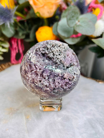 Grade AAA Natural Purple Grape Agate Sphere on Stand from Indonesia 288g Natural Velvet Shine Bubbles, Healing Crystal Home Decor