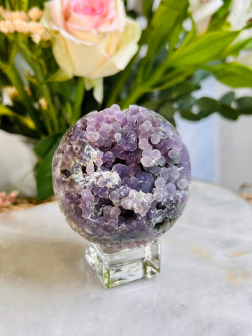 Grade AAA+ Natural Grape Agate Sphere on Stand from Indonesia, 324g Natural Velvet Sugar Shine Bubbles, Healing Crystal Home Decor