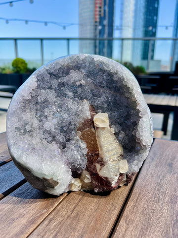 Grade AAA Rainbow Amethyst Geode with Large Sugar Calcite and Iron Inclusion, unique blue-ish undertone 4.6kg