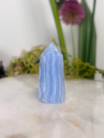 Grade AAA Natural Blue Lace Agate Tower from Namibia, Healing Crystal Home Decor 37g, Banded Chalcedony, Heart & Throat Chakra, BLA12