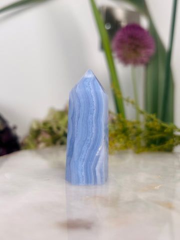 Grade AAA Natural Blue Lace Agate Tower from Namibia, Healing Crystal Home Decor 36g, Banded Chalcedony, Heart & Throat Chakra, BLA14