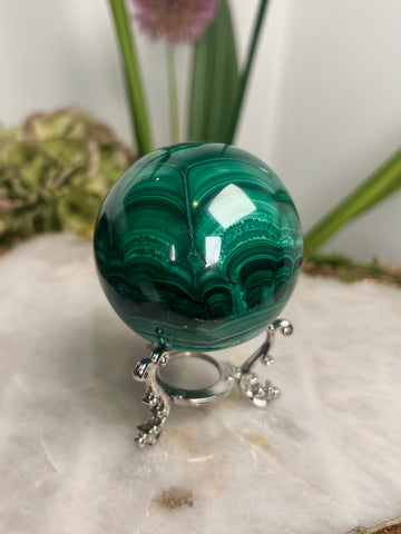 Grade AAA Natural  Malachite Sphere on Stand, Manifestation Crystal,Energy Clearing, Good Fortune, Stone for New Beginnings, 434g - MS05