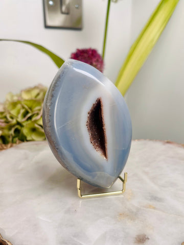 Grade AAA Brazilian Agate Quartz Eye with Druzy Geode on stand, Energy Protection, Third Eye Opening, Manifestation Crystal 364g