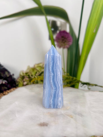 Grade AAA Natural Blue Lace Agate Tower from Namibia, Healing Crystal Home Decor 91g, Banded Chalcedony, Heart & Throat Chakra, BLA05