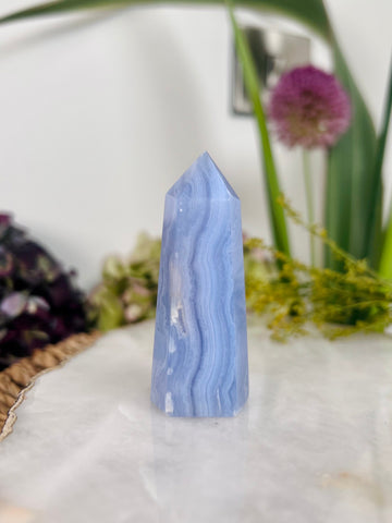 Grade AAA Natural Blue Lace Agate Tower from Namibia, Healing Crystal Home Decor 66g, Banded Chalcedony, Heart & Throat Chakra BLA09