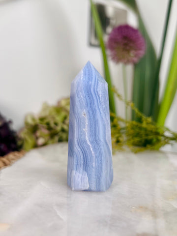 Grade AAA Natural Blue Lace Agate Tower from Namibia, Healing Crystal Home Decor 66g, Banded Chalcedony, Heart & Throat Chakra BLA10