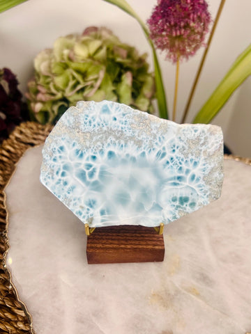 Grade AAA 100% Natural Larimar Polished Slab on Stand from Dominican Republic, Larimar Palmstone, Earth Healing Crystal 173g - LSL01