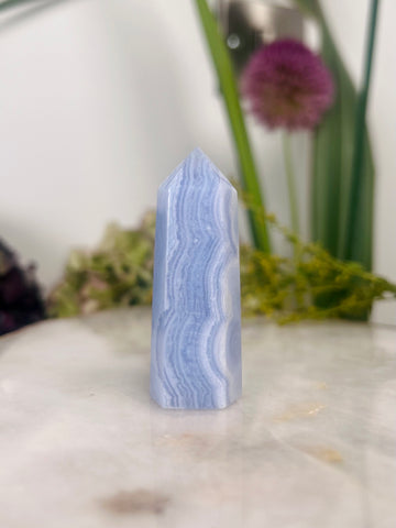 Grade AAA Natural Blue Lace Agate Tower from Namibia, Healing Crystal Home Decor 35g, Banded Chalcedony, Heart & Throat Chakra, BLA13
