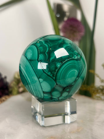 Grade AAA Natural Malachite Sphere on Stand, Manifestation Crystal,Energy Clearing, Good Fortune, Stone for New Beginnings, 718g MS01
