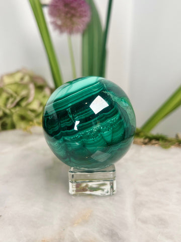Grade AAA Natural Malachite Sphere on Stand, Manifestation Crystal,Energy Clearing, Good Fortune, Stone for New Beginnings, 426g - MS06