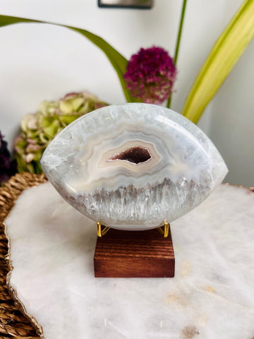 Grade AAA Brazilian Agate Quartz Eye with Druzy Geode on stand, Energy Protection, Third Eye Opening, Manifestation Crystal 379g