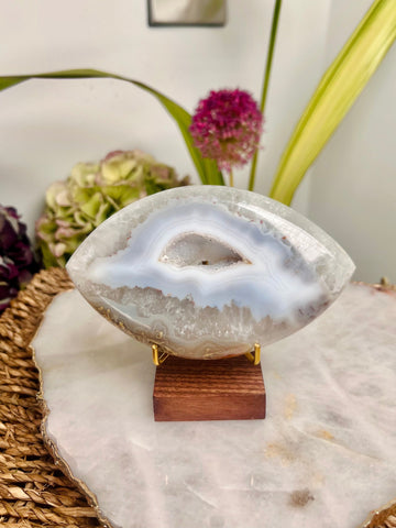 Grade AAA Brazilian Agate Quartz Eye with Druzy Geode on stand, Energy Protection, Third Eye Opening, Manifestation Crystal 301g