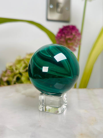 Grade AAA Natural Malachite Sphere on Stand, Manifestation Crystal,Energy Clearing, Good Fortune, Stone for New Beginnings, 333g - MS10