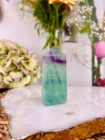 Grade AAA Rainbow Fluorite Tower, Green Purple Fluorite, Healing Crystal Home Decor 137g