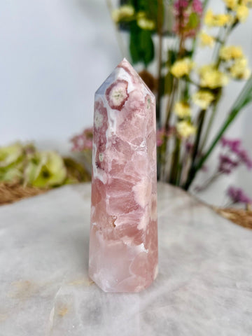 Grade AAA Natural Pink Flower Agate and Quartz Tower from Madagascar, Crystal Healing home decor, Manifestation Crystal 109g FAT01