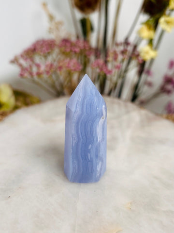 Grade AAA Natural Blue Lace Agate Tower from Namibia, Healing Crystal Home Decor 37g, Banded Chalcedony, Heart & Throat Chakra BLA17
