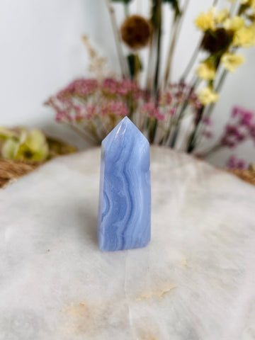 Grade AAA Natural Blue Lace Agate Tower from Namibia, Healing Crystal Home Decor 39g, Banded Chalcedony, Heart & Throat Chakra BLA18