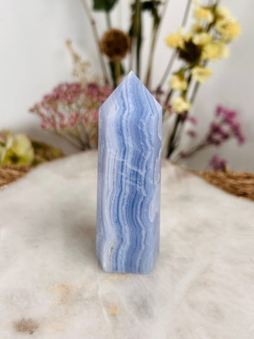 Grade AAA Natural Blue Lace Agate Tower from Namibia, Healing Crystal Home Decor 120g, BLA19 Discounted for minor imperfection