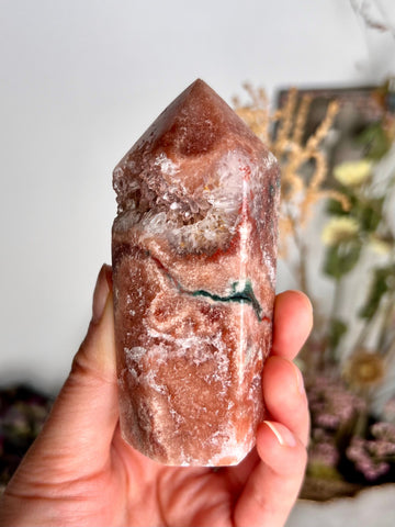 Grade AAA Pink Amethyst Tower with Druzy Geode and Green Jasper - Soothing Energy & Divine Femininity 203g PET06