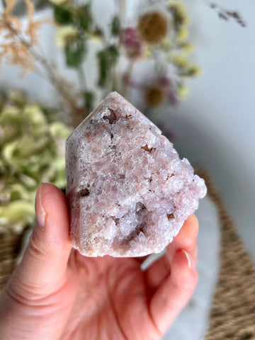 Grade AAA Pink Amethyst Tower with Druzy Geode, Soothing Energy & Divine Femininity 99g PET11