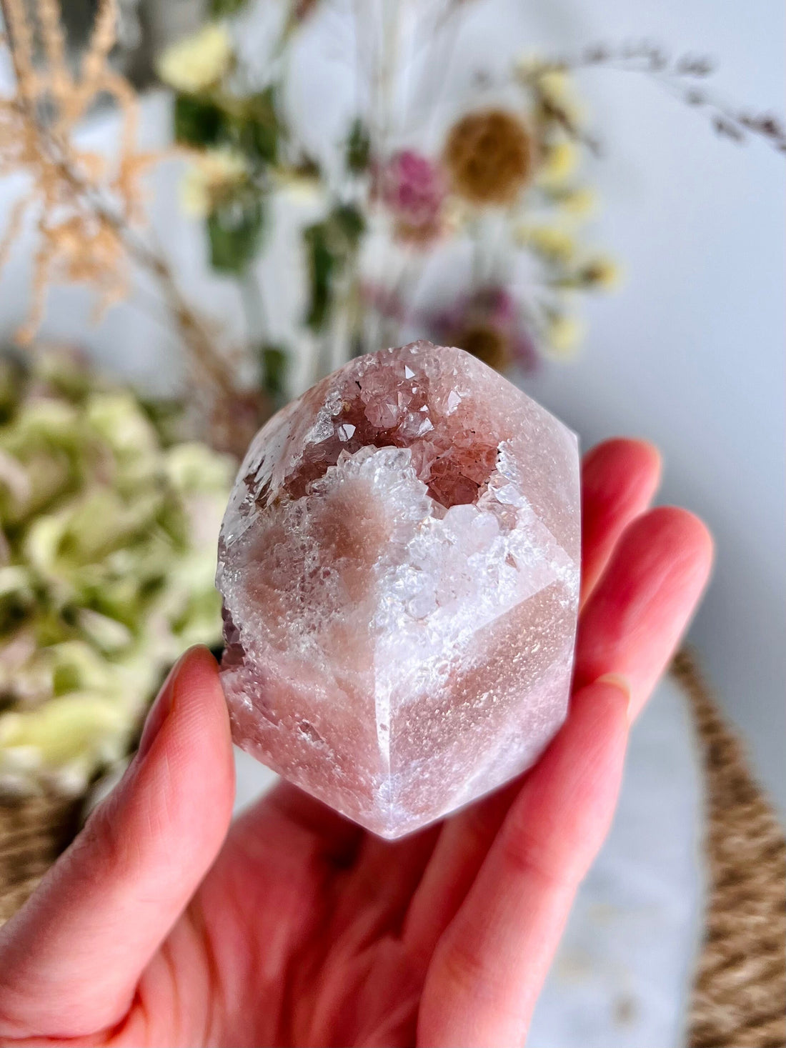 Grade AAA Natural Pink Amethyst Tower with Flower Druzy Geode, Full body sparkle, Soothing Energy & Divine Femininity 155g PET08