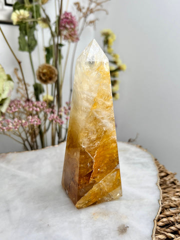 Grade AAA Golden Healer Obelisk with Rainbows, Source Energy Crystal Tower 291g GHO05 Discounted for minor imperfection on tip
