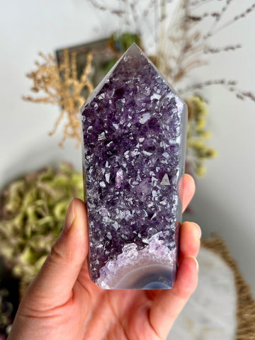 Grade AAA Brazilian Amethyst Geode Tower with Agate, Crystal Healing Home Decord, Wealth Attraction and Protective Fengshui EAT11 260g