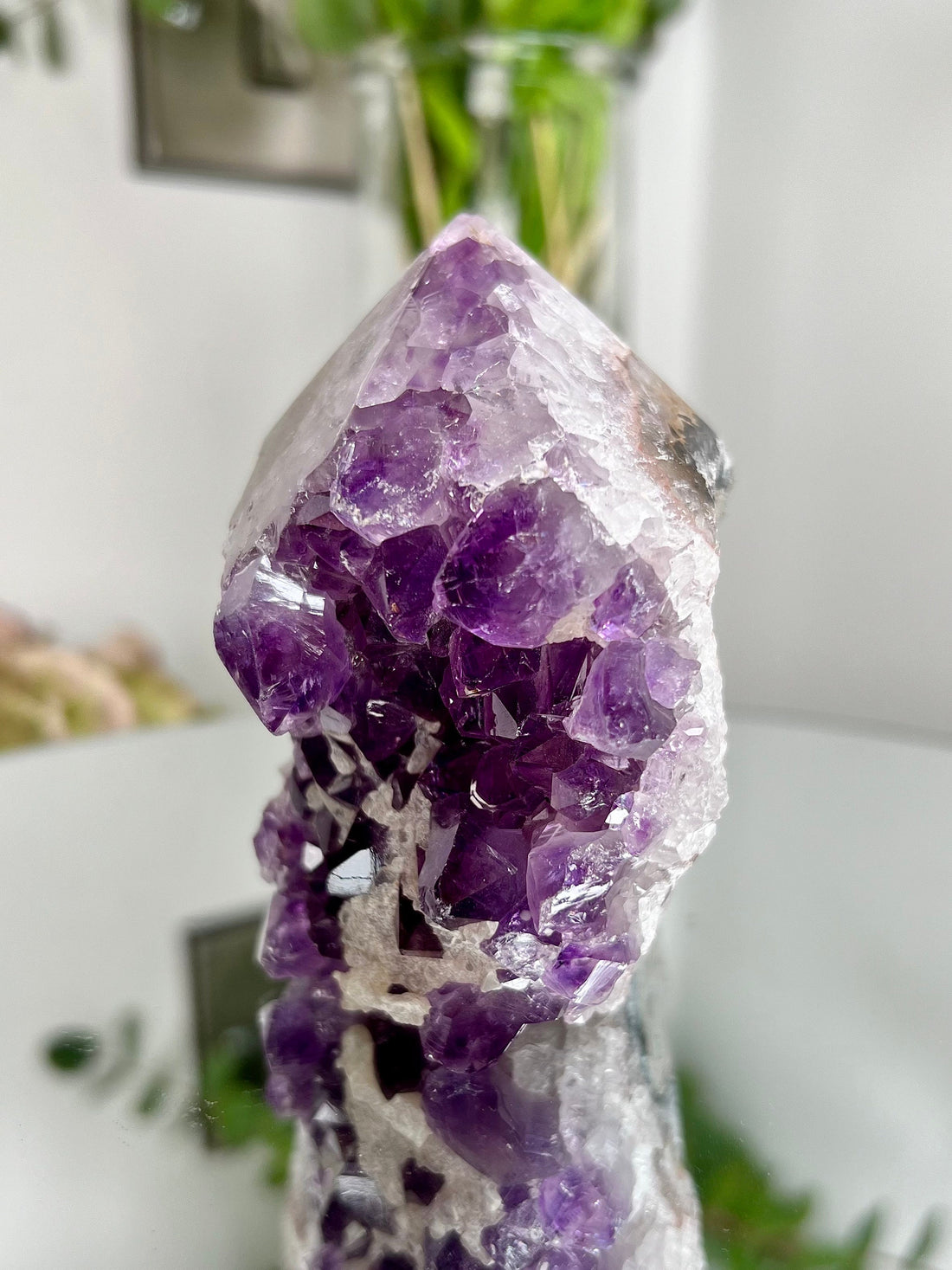 Grade AA+ Natural Brazilian Amethyst Geode Cutbase Tower with Calcite, crystal healing home decor 394g ACT26