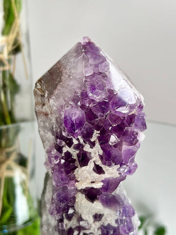 Grade AA+ Natural Brazilian Amethyst Geode Cutbase Tower with Calcite, crystal healing home decor 394g ACT26
