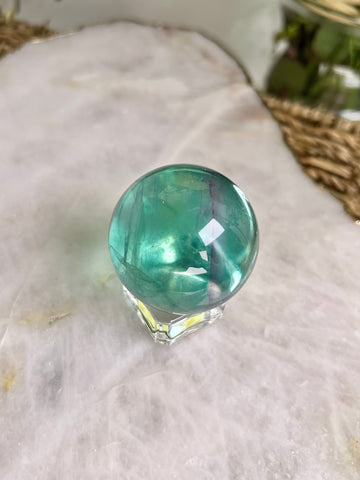 Grade AAA Rainbow Fluorite Sphere with Stand - Super Gemmy Green and Purple Fluorite, discounted for minor imperfection. RFS07, 100g