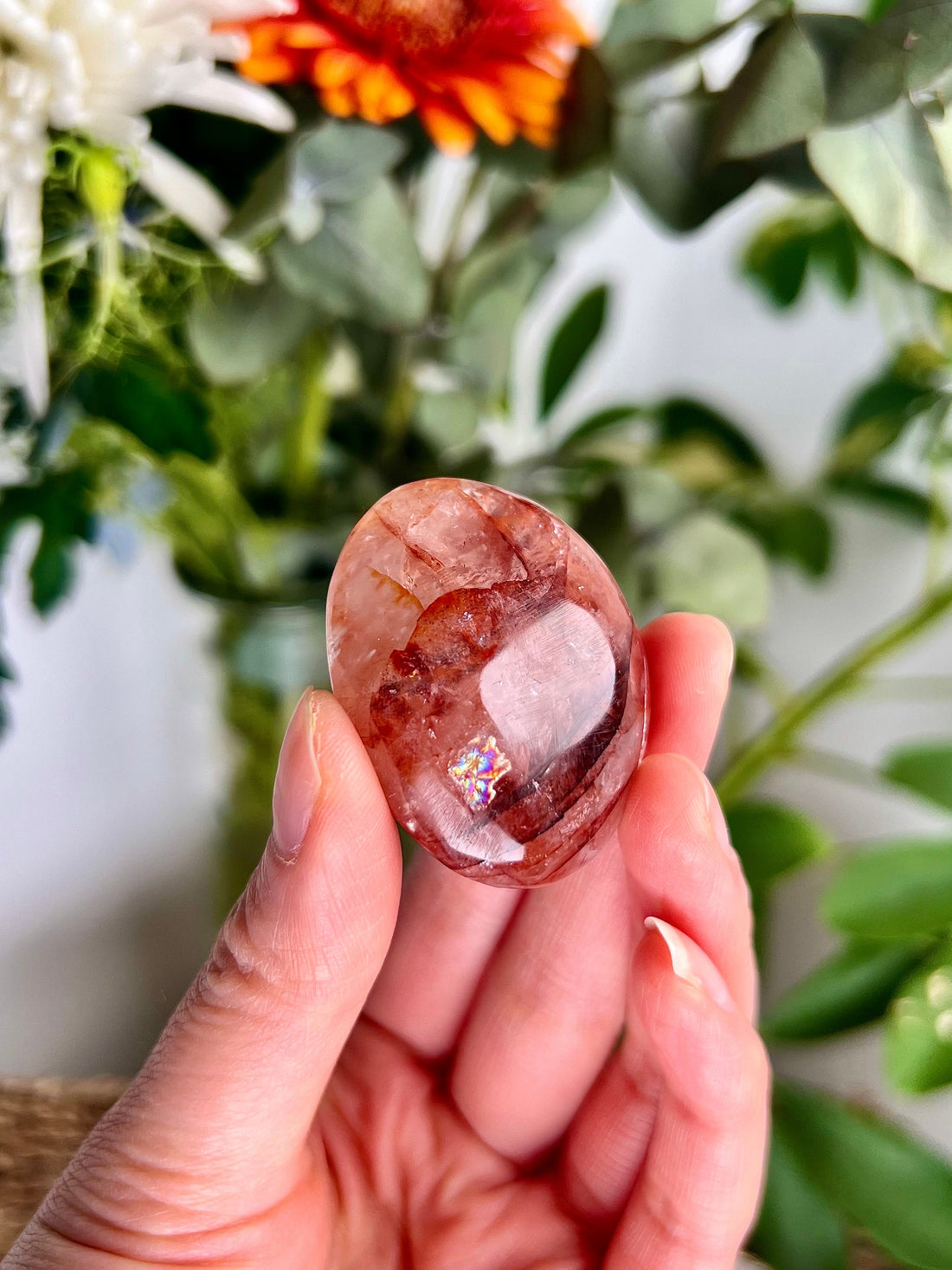 Grade AA Natural Fire Quartz Palmstone with Rainbow - The Spark of Creativity and Emotional Rejuvenation, FPQ23 41g