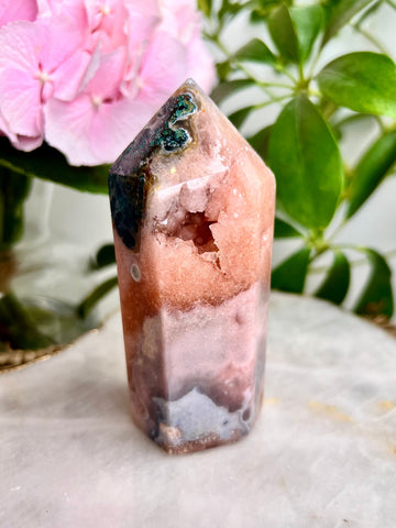 Grade AAA Pink Amethyst Tower with Druzy Geode and Green Jasper - Soothing Energy & Divine Femininity 261g PET07