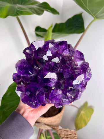 Natural Amethyst Open Geode Sphere with Rutile Phantom, Agate, Quartz, and Jasper – 2.114kg Discounted for minor injury