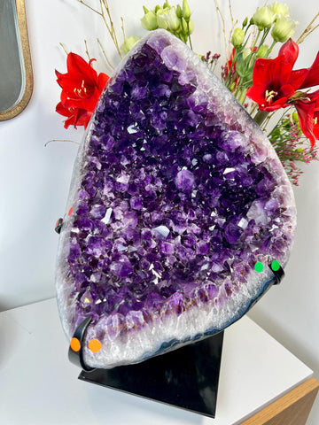 Grade AAA XL Brazilian Amethyst Geode with Rutile – 20.8kg Statement Piece on Metal Stand, Top Quality, Deep Purple