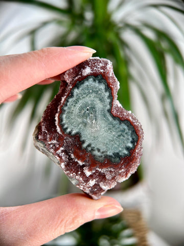 Grade AA Natural Red Druzy with Green Jasper Stalactite Eye from Uruguay – Rainbow Amethyst, Crown, Heart and Root Chakra, US85, 105g
