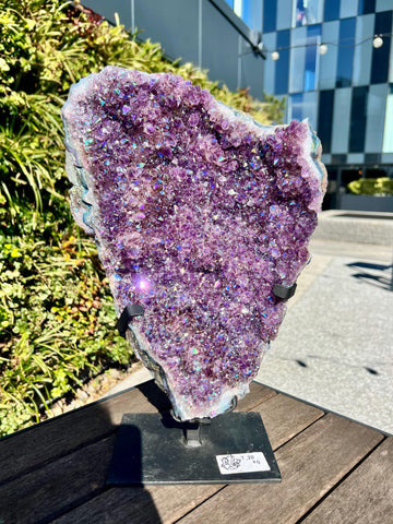 Grade AA+ Large Aura Amethyst Cluster on Stand – 7.2kg Titanium-Coated with Amethyst Flower Formation, Space Guardian, Portal Opening