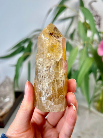 Grade AA Golden Healer Tower with Iron - Natural Hematoid Quartz for Ultimate Healing, Abundance, and High Energy Frequency GHC44, 152g