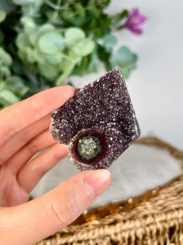 Grade A+ Natural Red Druzy with Green Jasper Stalactite Eye from Uruguay – Rainbow Amethyst, Crown, Heart and Root Chakra, US117, 62g