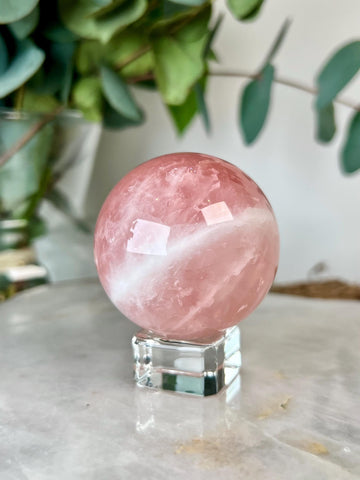 Grade AAA Rose Quartz Sphere with Starlight and Rainbow | High-Vibe Heart Healing Crystal on Glass Stand | Madagascar Quartz 187g - RSQ01