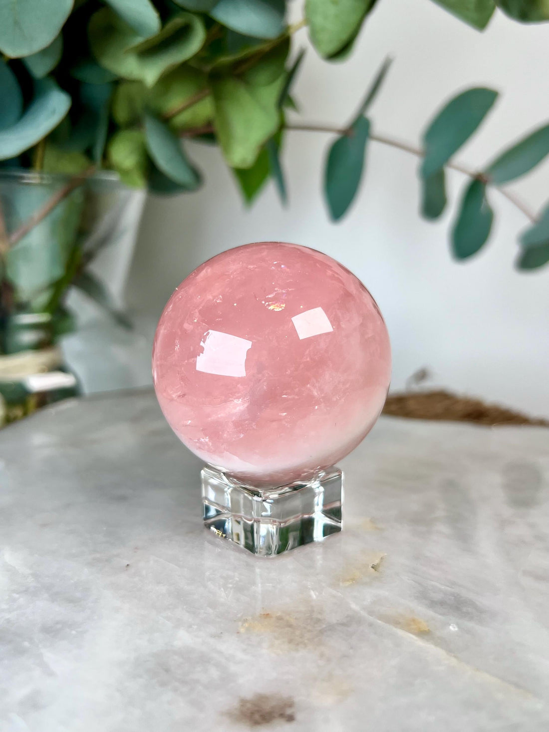 Grade AAA Rose Quartz Sphere with Starlight and Rainbow | High-Vibe Heart Healing Crystal on Glass Stand | Madagascar Quartz 187g - RSQ01