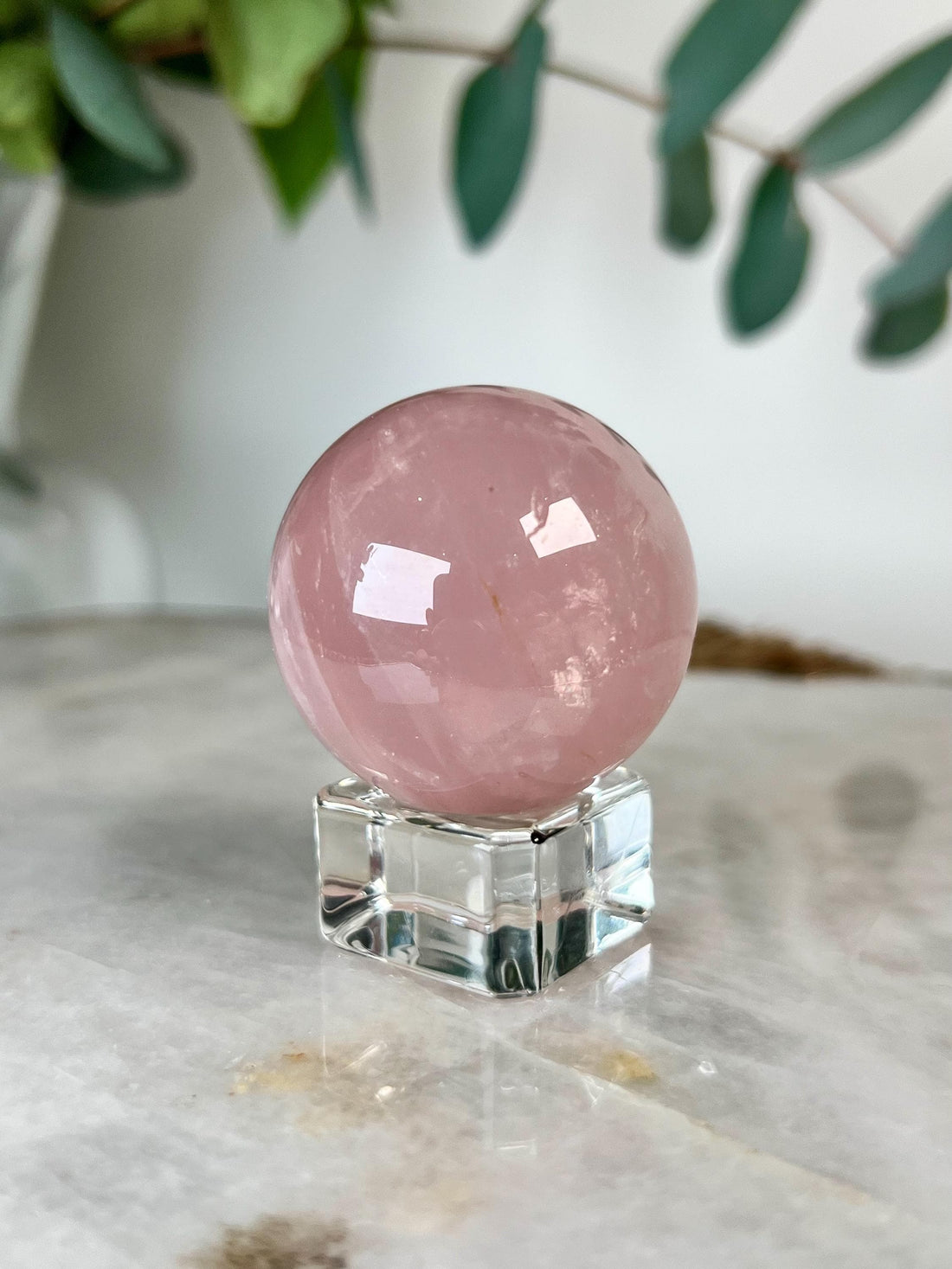 Grade AA Rose Quartz Sphere with Rainbow | High-Vibe Heart Healing Crystal on Glass Stand | Madagascar Quartz 80g - RSQ02