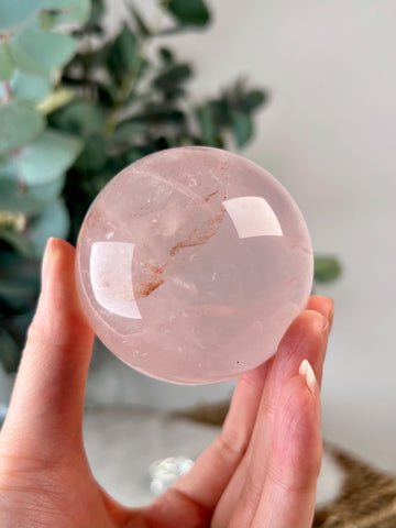 Grade AAA Rose Quartz Sphere with Iron Inclusion, Starlight and Rainbow | Heart Healing Crystal on Glass Stand |Madagascar Quartz 308g - RSQ