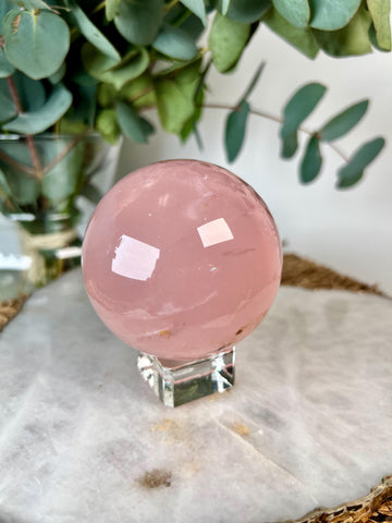 Grade AAA Rose Quartz Sphere with Starlight Iron and Pyrite | Heart Healing Crystal on Glass Stand | Madagascar Quartz 467g - RSQ05