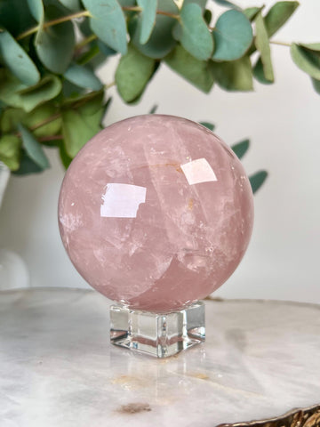 Grade AA Rose Quartz Sphere with Hematoid, Starlight and Rainbow |Heart Healing Crystal on Glass Stand | From Madagascar 677g - RSQ07