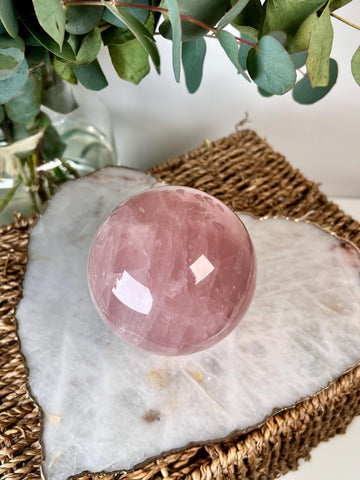Grade AA Rose Quartz Sphere with Starlight and Rainbows |Heart Healing Crystal on Glass Stand | From Madagascar 920g - RSQ08