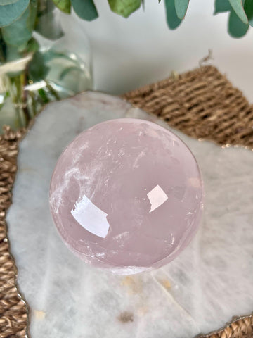 Grade AA+ Rose Quartz Sphere with Starlight and Rainbow |Heart Healing Crystal on Glass Stand | From Madagascar 923g - RSQ11