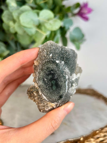 Grade AA Natural Green Jasper Grey Druzy Stalactite Eye with Calcite Cubes from Uruguay – Rainbow Amethyst, Heart Chakra, US114, 136g